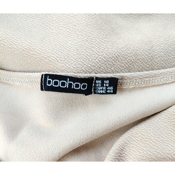 Boohoo Midi Dress Womens 14 Beige Deep V Tie Back 3/4 Slouch Sleeve Modern Chic - Picture 7 of 7